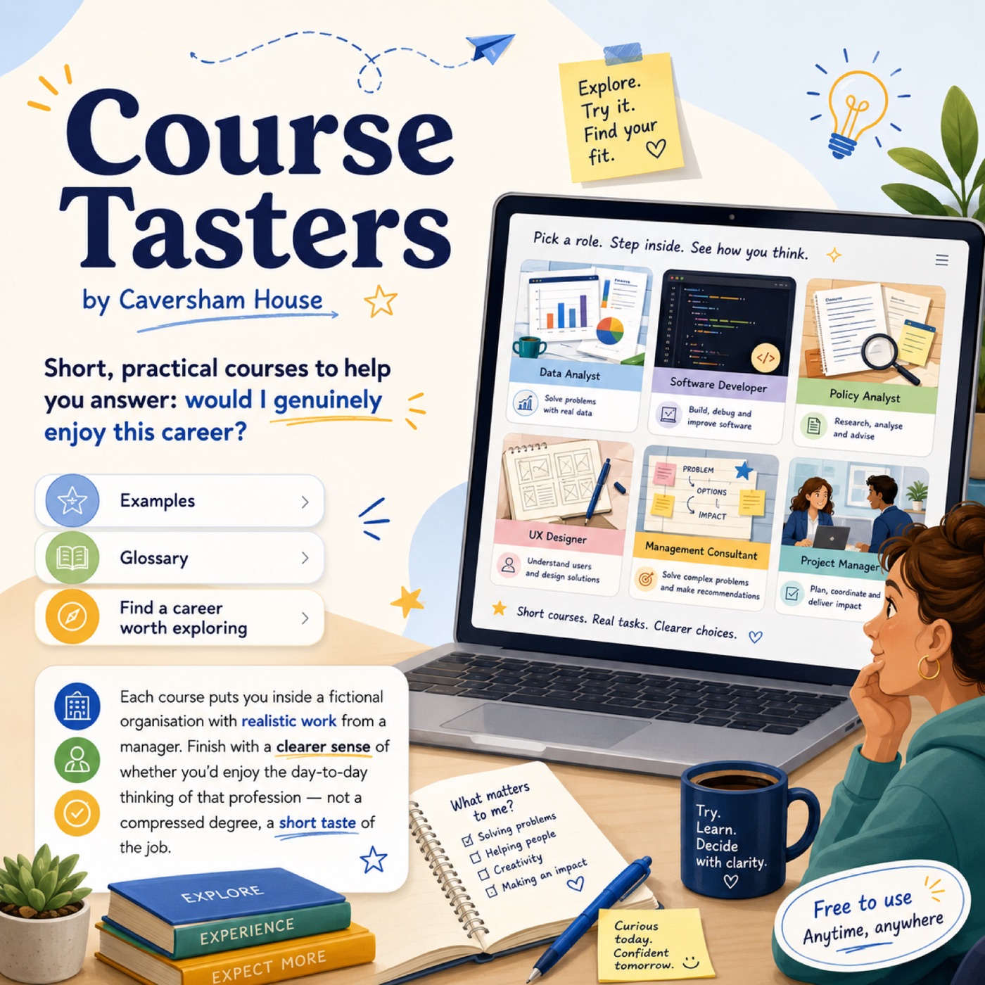 Illustrated workspace showing Course Tasters on a laptop, surrounded by notes, books and a curious student